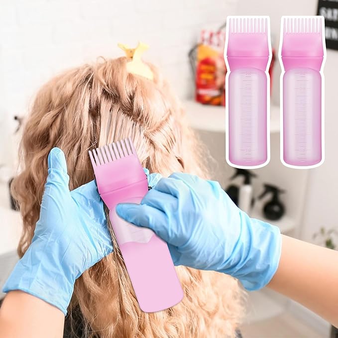 Pimoys 2 Pack Root Comb Applicator Bottle, 6 Ounce Oil Applicator for Hair Dye, Hair Oiling Applicator Hair Coloring Brush Bottle with Graduated Scale