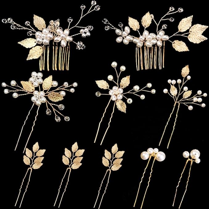10 Pieces Gold Leaf Bridal Hair Pins, Wedding Headpiece Hair Jewelry with Pearl Rhinestone Wedding Hair Accessories for Bride Bridesmaids Flower Girls(Pearl)