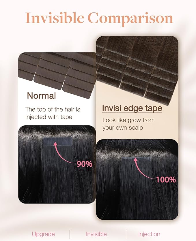 GOO GOO Invisi Edge Tape in Hair Extensions Human Hair, 4A Chocolate Brown, 10pcs 18inch 25g, Virgin Remy Hair, Seamless Injected Tape, Natural Look