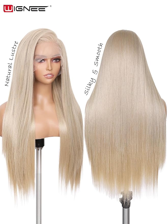 WIGNEE 13x6 Synthetic Lace Front Wig 28" Ash Blonde Wig Pre-Plucked Handmade Lace Front Wigs with Kanekalon Futura Hair Voluminous Long Straight Synthetic Wigs for Daily Party Use