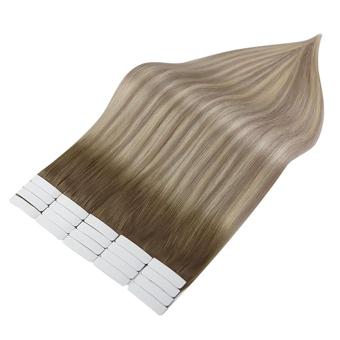 Full Shine Tape in Hair Extensions Human Hair 16Inch Seamless Tape in Extensions Color 8 Light Brown Ombre 60 Platinum Blonde and 18 Ash Blonde Remy Hair Extensions Tape ins 20Pcs 50G for Bridal