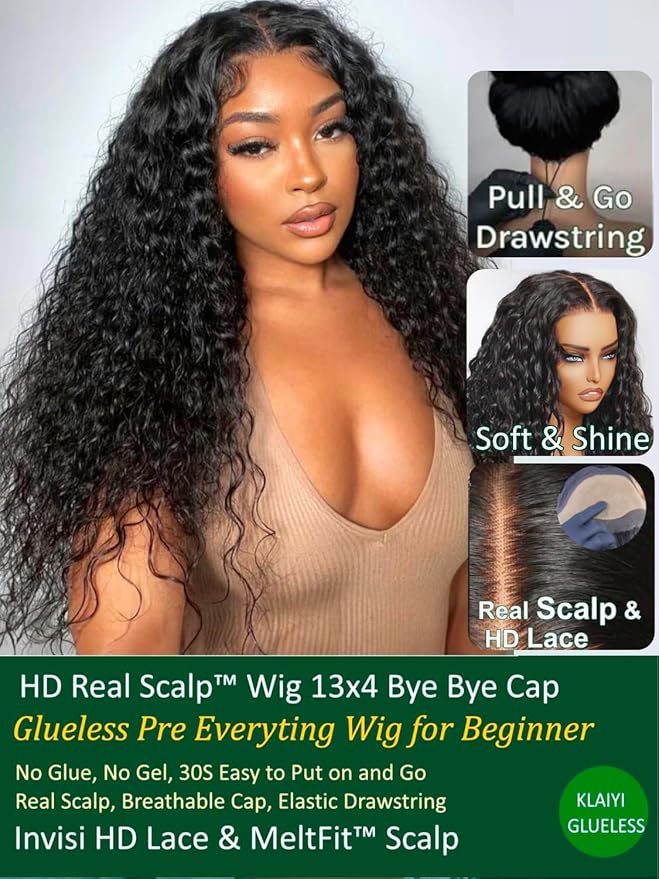 KLAIYI Water Wave HD Real Scalp Glueless Precut 13x4 Lace Front Human Hair Wig Drawstring Bye Bye Knots Pre Plucked Bleached Pre Everything 30S Ready to Wear and Go Deep Curly Wave Beginner Wig 24Inch