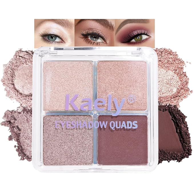 Kaely Powder Eyeshadow Quad, Pearl Mauve Glitter Shimmer Eyeshadow Palette Makeup, Neutral Eye Shadow Palette for Older Women Pigmented Waterproof, sombras para ojos, Blendable, Cruelty-free, 11