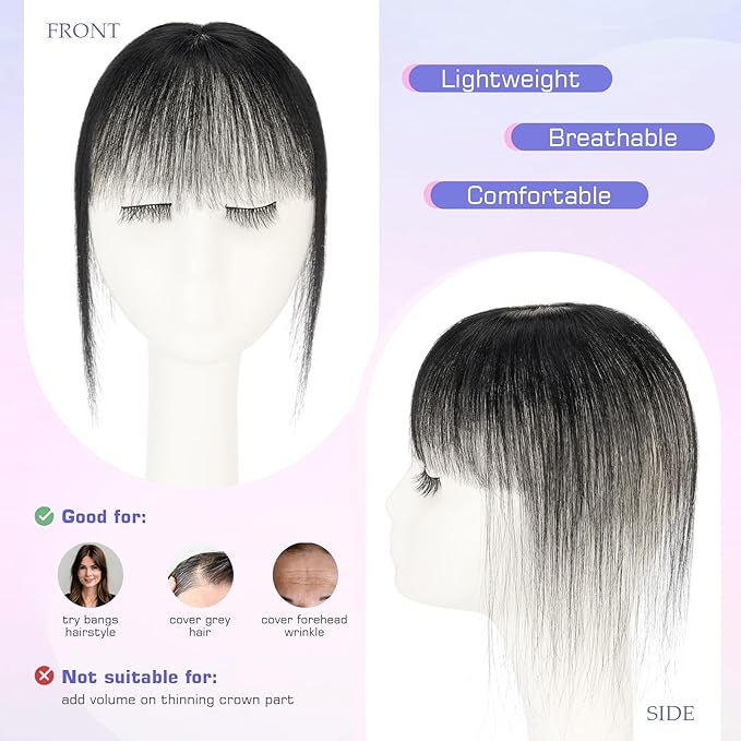 Hairro Clip On Bangs Human Hair Bangs Hair Clip In Bangs 3D 360°Cover Topper With Bangs Wispy Air Bangs Hair Pieces Fake Bangs For Women 8 Inches 10g #01 Dark Black