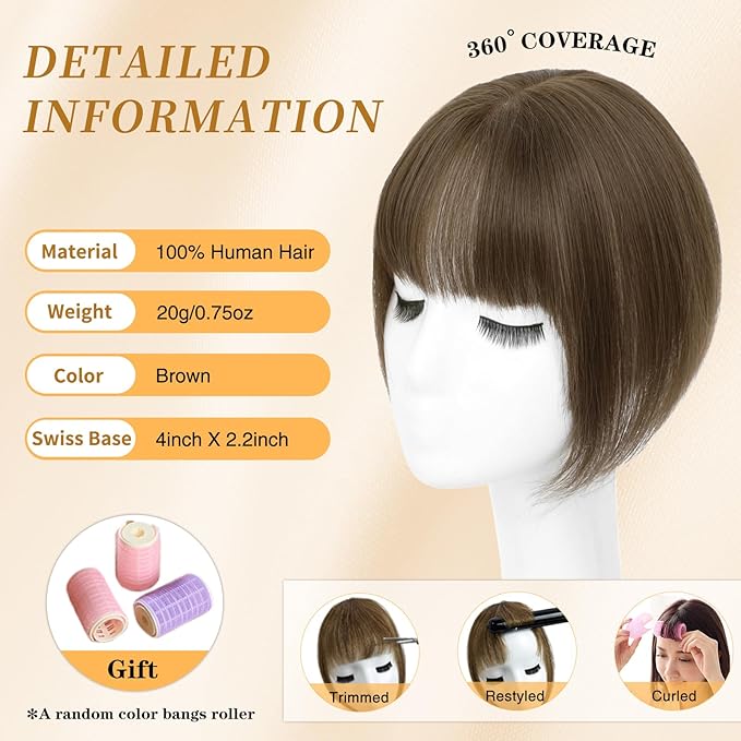 NAYOO Hair Toppers for Women Real Human Hair, 360° Cover Clips in Full Fringe Fake Bangs Hair Pieces for Women Girls Daily Wear(Brown)
