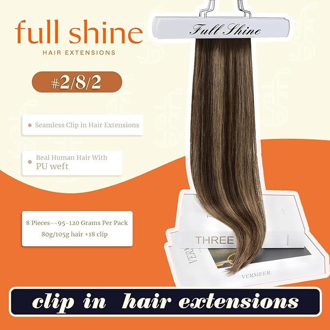Full Shine Brown Balayage Hair Extension Clip ins Short Clip in Hair Extensions 12 Inch Dark Brown to Light Brown with Blonde Remy Hair for Daily Wear 8 PCS 95G