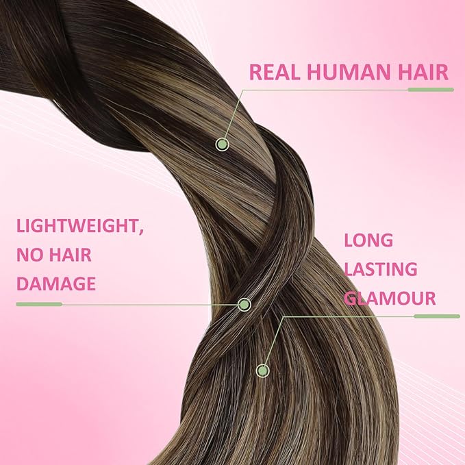 YoungSee Tape in Hair Extensions Real Human Hair Brown Balayage Tape in Hair Extensions Ombre Dark Brown to Caramel Blonde Human Hair Tape-in Extension Seamless 14In 20pcs 50g for Wedding