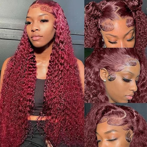 22 Inch 99J Burgundy Deep Wave Lace Front Wigs Human Hair 200% Density 13x6 Lace Front Wigs Human Hair Glueless HD Lace Frontal Wigs for Women