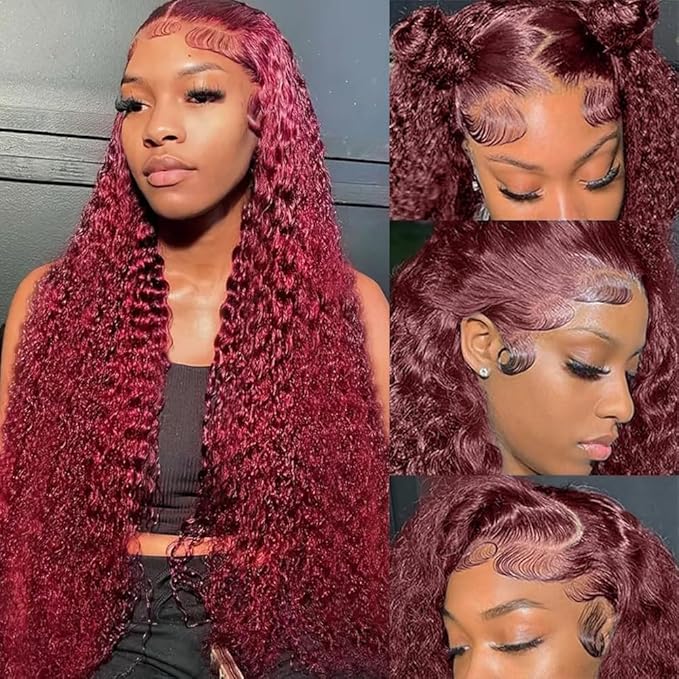 24 Inch 99J Burgundy Deep Wave Lace Front Wigs Human Hair 200% Density 13x6 Lace Front Wigs Human Hair Glueless HD Lace Frontal Wigs for Women