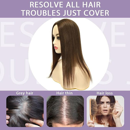3x5 Inch Injected Silk Base Hair Toppers for Women, 16 Inch Length 130% Density Real Human Hair Pieces #2A Brown