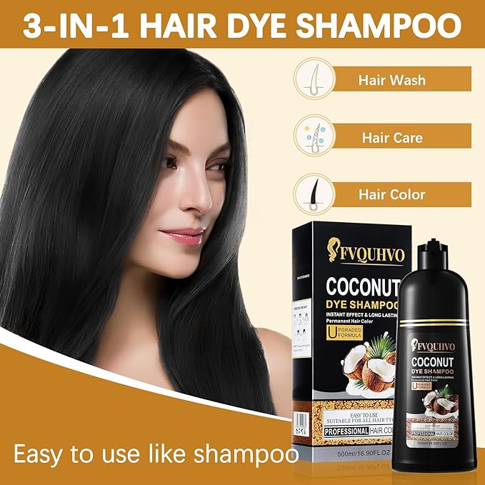 Coconut Dye Shampoo for Brown Hair - 3 in 1 Instant Hair Color, Dye Shampoo for Women & Men
