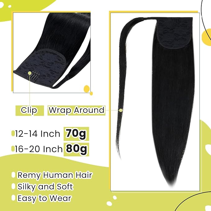 RUNATURE Black Ponytail Extension Human Hair, Clip in Ponytail Hair Extensions for Women, Comfortable Lace Ponytail Extension, Long Straigth Hair, Wrap Around, 18 Inch 80g #1 Jet Black