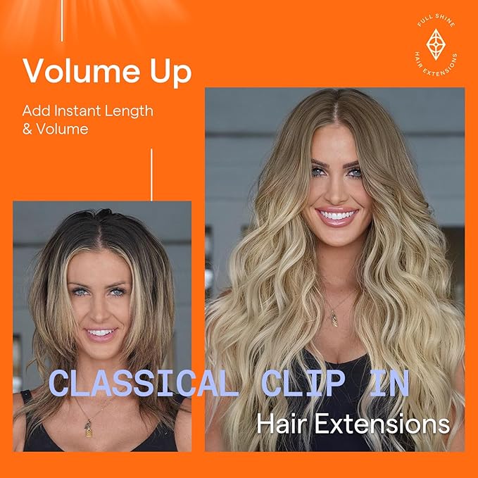 Full Shine Clip in Hair Extensions Ombre Blonde Human Hair Extensions Clip ins Light Ash Brown to Brown Highlight Blonde 16 Inch 7 Pcs Invisible Hair 120 G