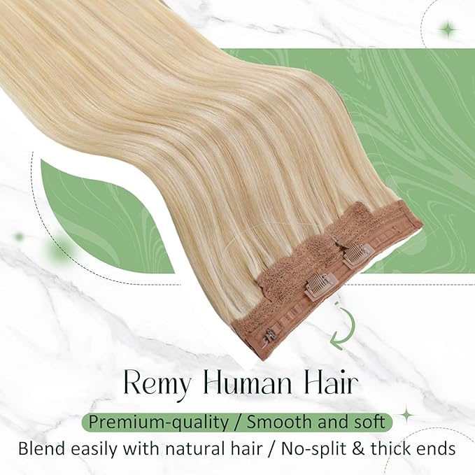 RUNATURE Invisible Wire Hair Extensions Real Human Hair, Blonde Hair Extensions with Transparent Fish Wire, Natural Looking Remy Hair for Women, 20 Inch 100g #18P613 Sandy Blonde HIghlights