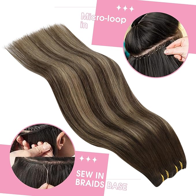 YoungSee Weft Hair Extensions Balayage Dark Brown Mix Caramel Blonde Human Hair Sew in Extensions Ombre Hand Tied Weft Hair Extensions Human Hair 22Inch 100G