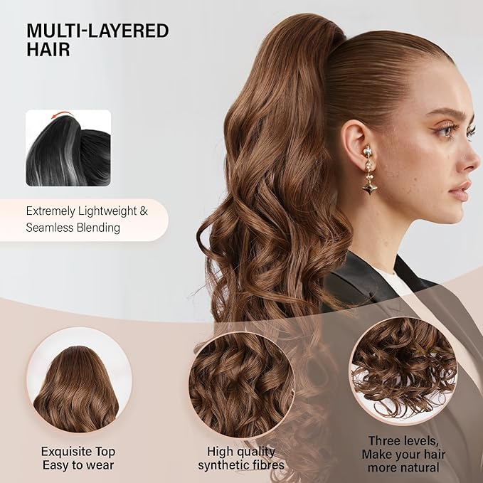 24 Inch Ponytail Extension, Clip on Ponytails for Women, Long Curly Wavy Ponytail Extensions for Women, Synthetic Layered Pony Tails Hair Extensions (Color: Medium Brown Mixed Honey Blonde)
