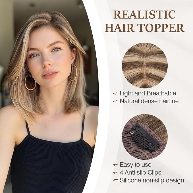 Rich Choices Hair Toppers for Women Real Human Hair 100% Human Remy Toppers NO Bangs with Thinning on Top Clip in Hairpiece 4"x4.7"Lace Base 18 Inch #4P27 Medium Brown Highlights Dark Blonde