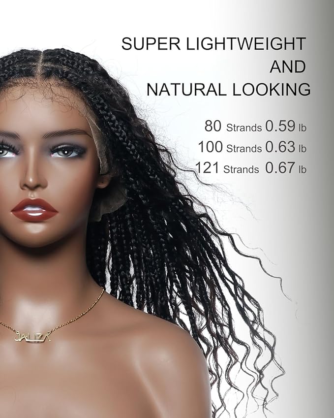 Human Hair Boho Curls Hand-Tied HD Full Lace Wig - 36" Salon-Level Small Box Synthetic Braids (100 Braids, High Density) Pre-Cut Swiss HD Lace, Pre-Plucked, Knotless, Tangle-Free - Black 1B