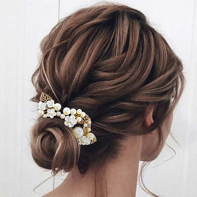 Evild Gold Bridal Hair Pins Pearl Wedding Hair Pieces Leaf Hair Accessories for Women (Pack of 3)
