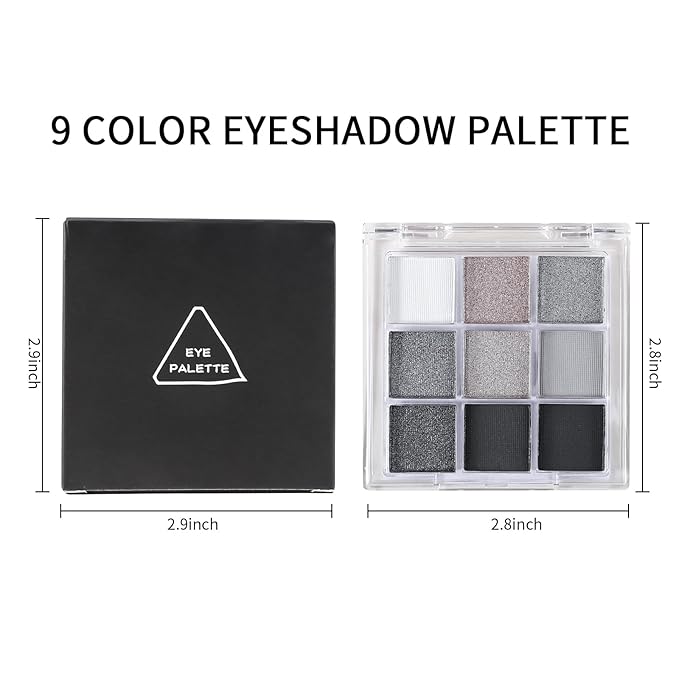 Erinde Black Smokey Gray Silver Eyeshadow Palette, 9 Colors Matte Shimmer Glitter Eye Shadow Makeup Pallet, Highly Pigmented Long Lasting Waterproof, Natural Neutral Shiny Eyeshadow Make Up Palette