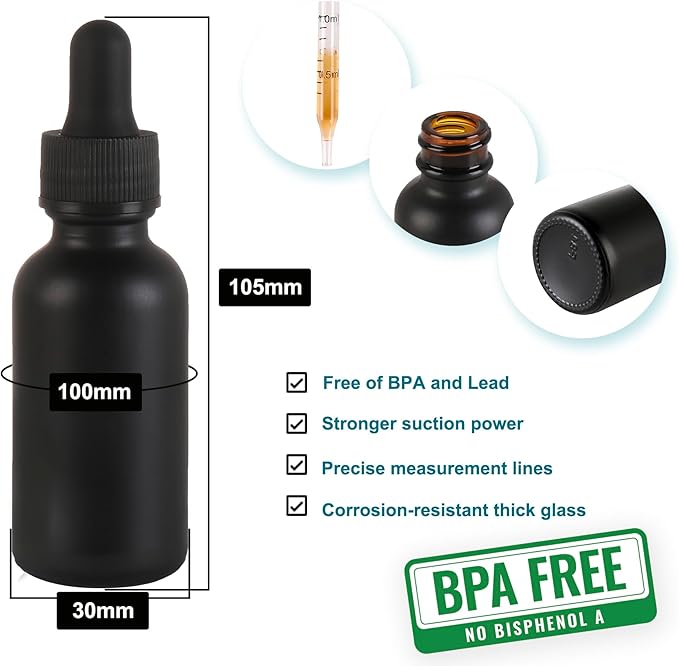 48 Pack,1oz Glass Dropper Bottle, Frosted Black Tincture Bottles with Dropper,Pretty Finish for All Kinds of Liquids,Oil Bottles for Hair- Stronger Suction ideal for Leakproof Travel
