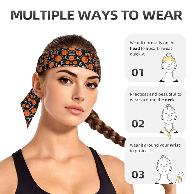 Men's Women Fashion Sports Sweatband Hand Decor for Running Fitness Spa, Long Multifunction Game Sports Basketball Print Head Ribbon Headwear