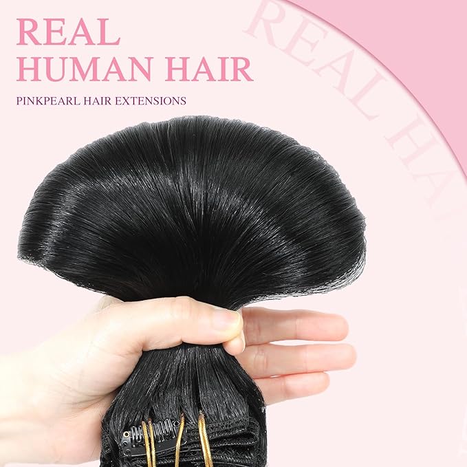 PINKPEARL Clip in Hair Extensions Real Human Hair #1 Jet Black Human Hair Extensions Clip ins 14 inch Extensions Human Hair Clip 120g 7pcs Straight Thick Natural Human Hair(#1-14)