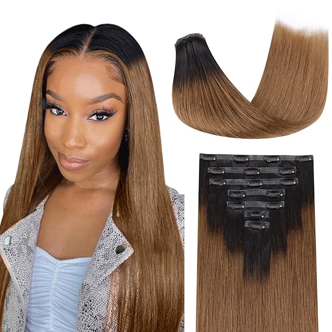 Lashey Seamless Clip in Hair Extensions Human Hair 110g 7pcs Light Yaki Straight 18 Inch Ombre Natural Black to Medium Auburn Real Human Hair