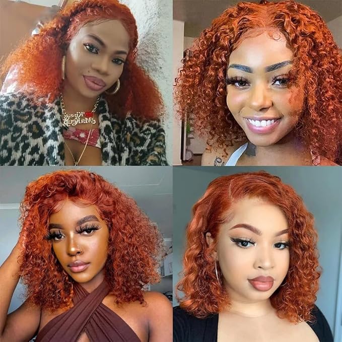 GOLFMAX 8 Inch Curly Bob Wig 350# Orange Ginger Lace Front Wigs Human Hair Short Bob Wig Human Hair Water Wave 13x4 Lace Front Wigs Pre Plucked