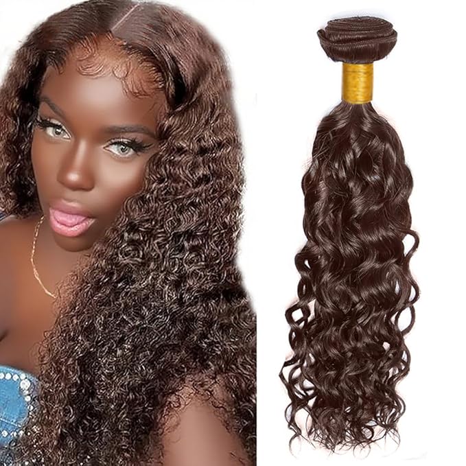 Chocolate Brown Bundles Human Hair Color 4 Water Wave Bundles Niegmeag Brazilian Virgin Remy Hair Single Bundle 16 Inch Double Weft Brown Wet and Wavy Bundle Hair Weave 100g