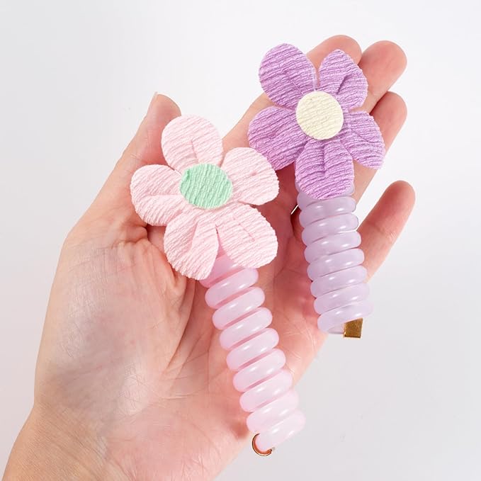 4PCS Spiral Hair Ties with Cloth Flower, 4 Colors Floral Phone Cord Ponytail Holders for Women, Elegant Rubber Hair Coils, Stylish Hair Accessories for Party, Daily Use
