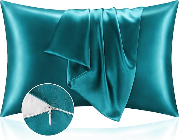 BEDELITE Satin Pillowcase with Zipper, Teal King Size Pillow Cases Set of 2, Super Soft and Cooling Similar to Silk Pillow Cases, Gift for Women Men(20x36 Inches)