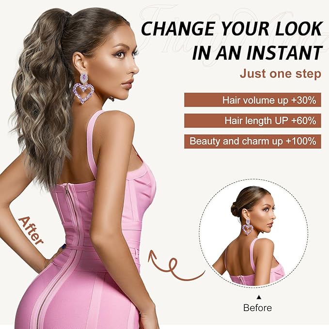 FLUFYMOOZ Wavy Curly Claw Clip Ponytail Extension, 18 Inch Natural Synthetic Hairpiece with Highlights