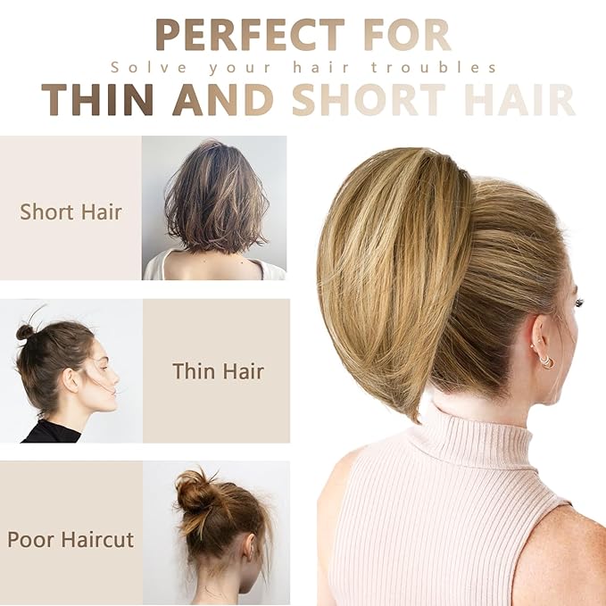 Clip on Ponytails for Women - 10 Inch Short Ponytail Extension, Straight Pony Tails Hair Extensions, Synthetic Hair Extensions Ponytail, Clip in Ponytail (Dark Blonde with Beige Blonde Highlights)