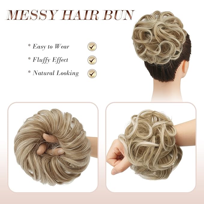 FESHFEN Messy Bun Hair Piece - Elastic Wavy Curly Hair Bun Scrunchies Extensions Synthetic Chignon Hairpieces for Women Girls, Strawberry Blonde & Platinum Blonde Tips 1.5 oz