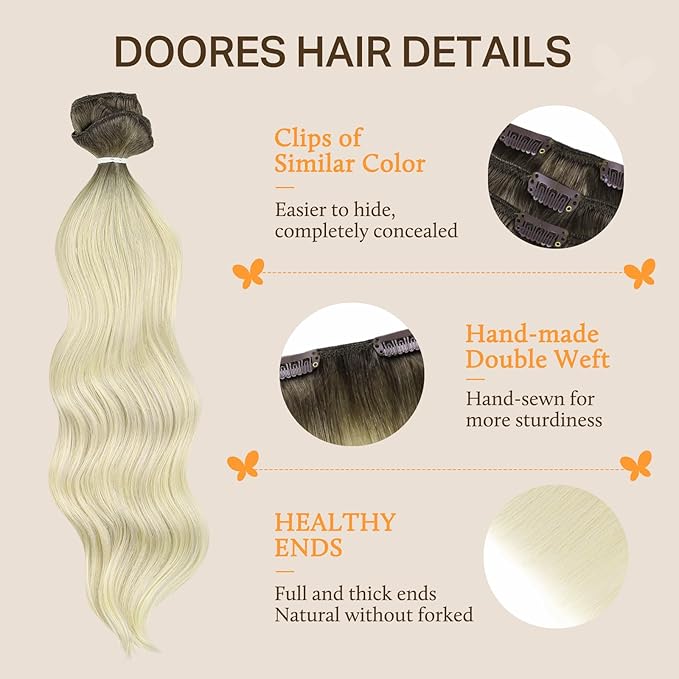 DOORES Clip in Extensions, Light Ash Brown to Ash Blonde 24 Inch, 150g 9pcs, Thick Straight Non Razor Cut Natural Human Hair
