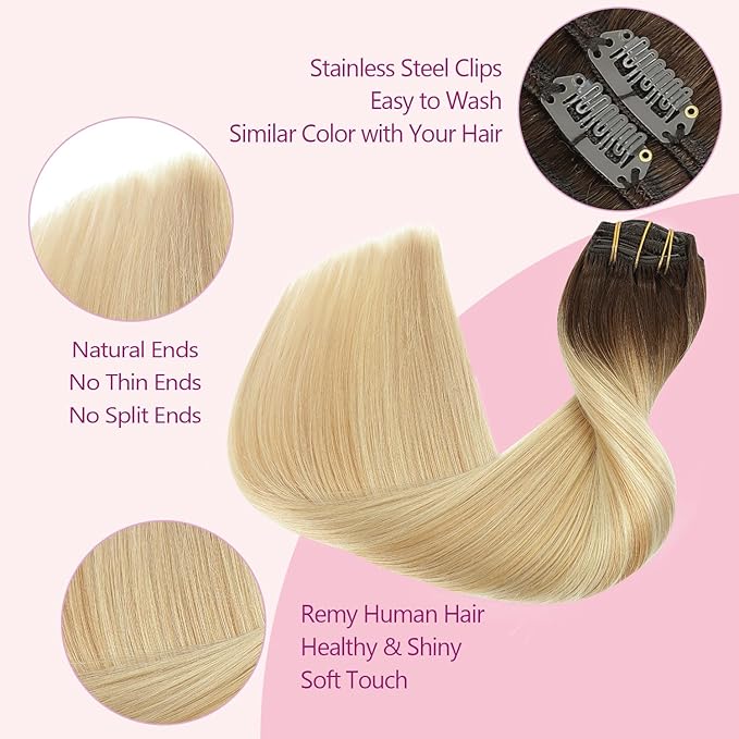 PINKPEARL Clip in Hair Extensions Real Human Hair, Remy Human Hair Extensions Clip ins, 14inch 120g 7Pcs, #4/27/60 Balayage Chocolate Brown to Caramel Blonde and Platinum Blonde(#4/27/60-14)