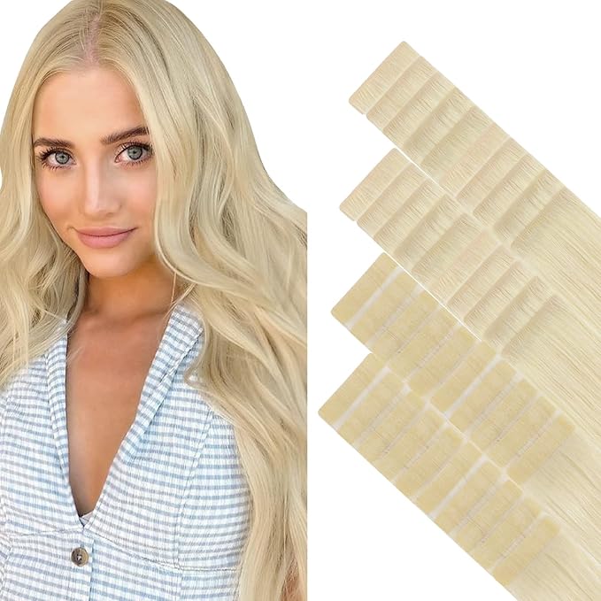 GOO GOO Invisi Edge Tape in Hair Extensions Human Hair, 60A Platinum Blonde 20pcs injected with 20pcs classical tape ins, 10inch 60g, Virgin Remy Hair, Natural Look