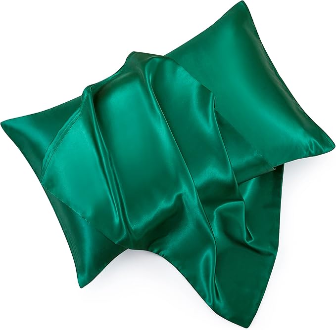 Blackish Green Satin Pillowcase Standard Set of 2 with Envelope Closure，Blackish Green Silk Pillowcase for Hair and Skin (20x26)