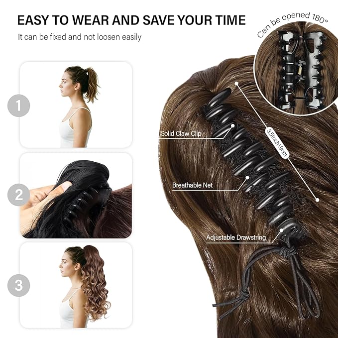 24 Inch Ponytail Extension, Layered Ponytail Extensions for Women, Soft Wavy Claw Clip in Ponytail Extension, Natural Synthetic Hair Pieces for Women (Color: Salt and Pepper)