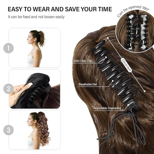 24 Inch Ponytail Extension, Layered Ponytail Extensions for Women, Soft Wavy Claw Clip in Ponytail Extension, Natural Synthetic Hair Pieces for Women (Color: Light Brown With Dark Blonde Highlights)