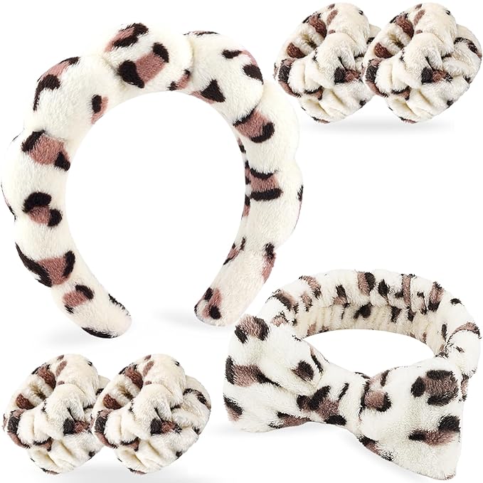 Zkptops 6Pcs Spa Headband for Washing Face Wristbands Set Women Bubble Skincare Makeup Sponge Plush Padded Puffy Headband Bow Tie Hairband Cute Non Slip Thick Hair Accessory Gifts(Beige Leopard)