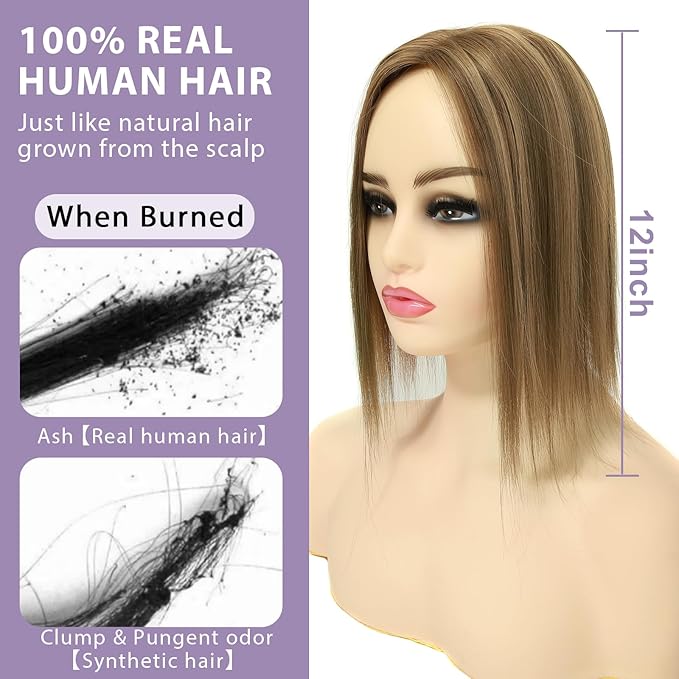 Toppers Hair Pieces for Women #TAC, 3x5 Inch Injected Silk Base 12 Inch Length 130% Density Real Human Hair Toppers