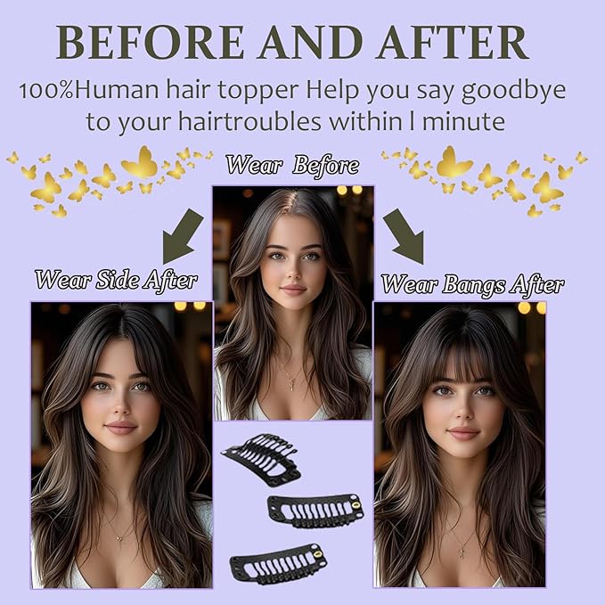Hair Toppers for Women Real Human Hair, 360°3D Topper for Women with Thinning Crown Wispy Clip in Bangs Breathable Hand Tied Craft Big Coverage Hairpieces(Mocha（Big Coverage）, 16 Inch-3D-Side)