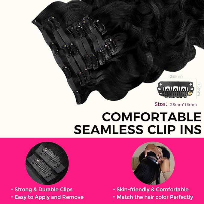 Lashey Seamless Clip in Hair Extensions Human Hair 130g 9pcs 18 Inch Body Wave #1 Jet Black Human Hair Extensions Clip ins for Women