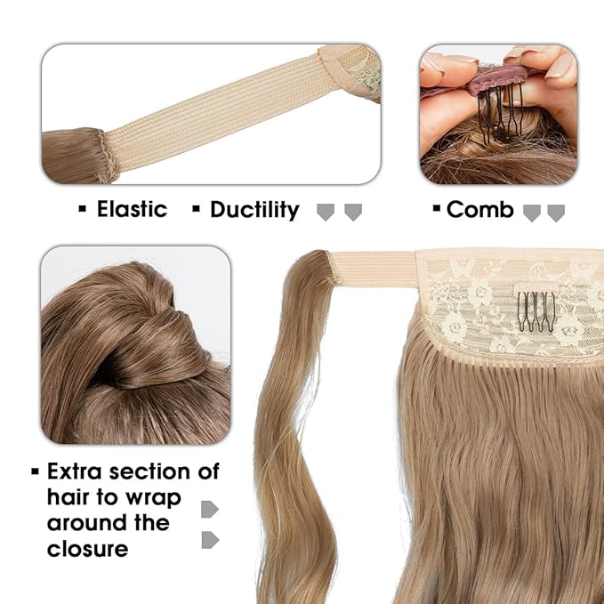 CJL HAIR 22" Long Ponytail Hair Extension Wrap Around Pony Tail Clip in Curly Wavy Synthetic Fake Hairpiece for Women Black Brown