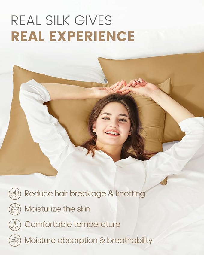 THXSILK 100% Mulberry Silk Pillowcase for Hair and Skin Health, Natural Mulberry Silk Pillowcase with Hidden Zipper, Both Sides Grade 6A+ Silk, 1pc (Standard 20"x26", Metallic Gold)