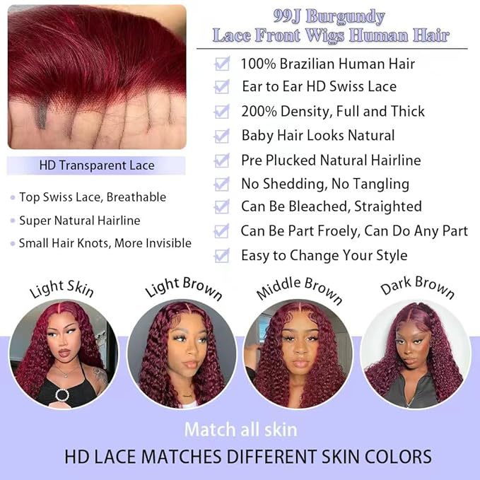 Burgundy Wig Human Hair Deep Wave 13x6 Transparent Lace Front Wigs Human Hair 200 Density 99j Burgundy Wigs Pre Plucked 99J Curly human Wig with Baby Hair 22 Inch