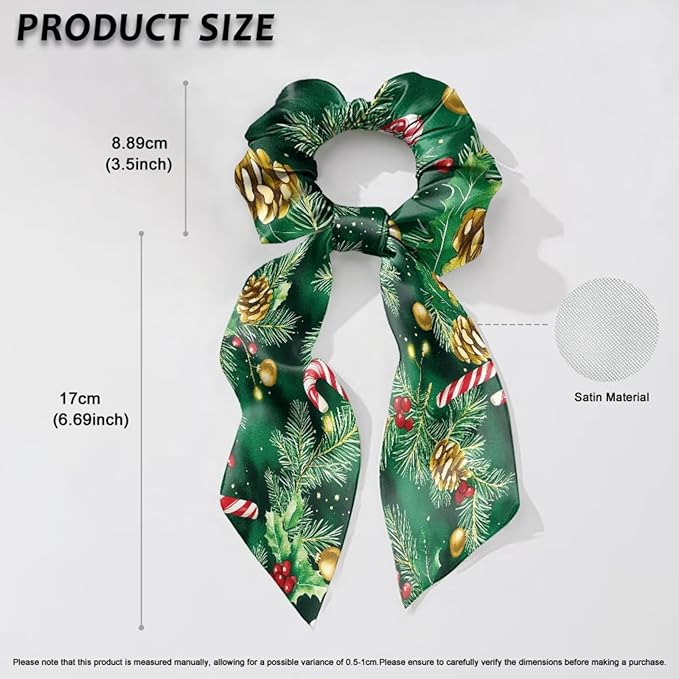 2 Piece Christmas Elastic Ribbon Bow Hair Ties Candy Cane Holly Knotted Bow for Ponytail Fashion Bow Hair Scrunchies with Flowing Tails No Damage