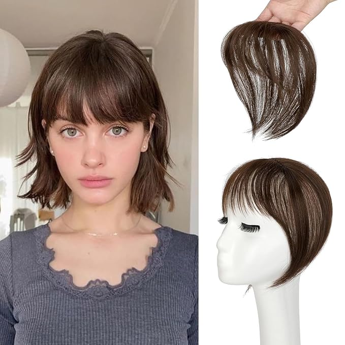 Bangs Hair Clip in Bangs 360°3D Cover Hair Topper Synthetic HairPieces for Women Medium Brown Wispy Fake Bangs Toppers for Daily Wear